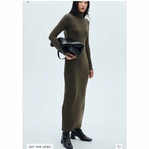 Mango Textured Olive Green Knit Sweater Dress
